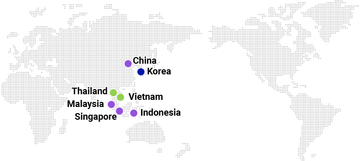 Korea:Headquarters, China:Sales Area, Thailand:Sales Network, Vietnam:Sales Network, Malaysia:Sales Area, Singapore:Sales Area, Indonesia:Sales Area