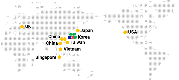 Korea:Headquarters, Korea:R&D, Korea:Factory, Korea:Factory, Korea:Factory, Korea:Headquarters, China:Overseas Subsidiary, China:Overseas Subsidiary, China:Overseas Subsidiary, Japan:Overseas Subsidiary, Singapore:Overseas Subsidiary, Taiwan:Overseas Subsidiary, Vietnam:Overseas Subsidiary, Germany:Overseas Subsidiary, USA:Overseas Subsidiary