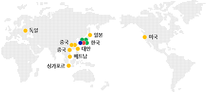 대한민국:본사, 대한민국:R&D, 대한민국:생산공장, 대한민국:생산공장, 대한민국:생산공장, 대한민국:본사, 중국:해외법인, 중국:해외법인, 중국:해외법인, 일본:해외법인, 싱가포르:해외법인, 대만:해외법인, 베트남:해외법인, 독일:해외법인, 미국:해외법인