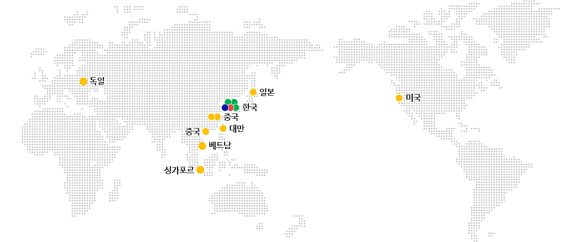 대한민국:본사, 대한민국:R&D, 대한민국:생산공장, 대한민국:생산공장, 대한민국:생산공장, 대한민국:본사, 중국:해외법인, 중국:해외법인, 중국:해외법인, 일본:해외법인, 싱가포르:해외법인, 대만:해외법인, 베트남:해외법인, 독일:해외법인, 미국:해외법인